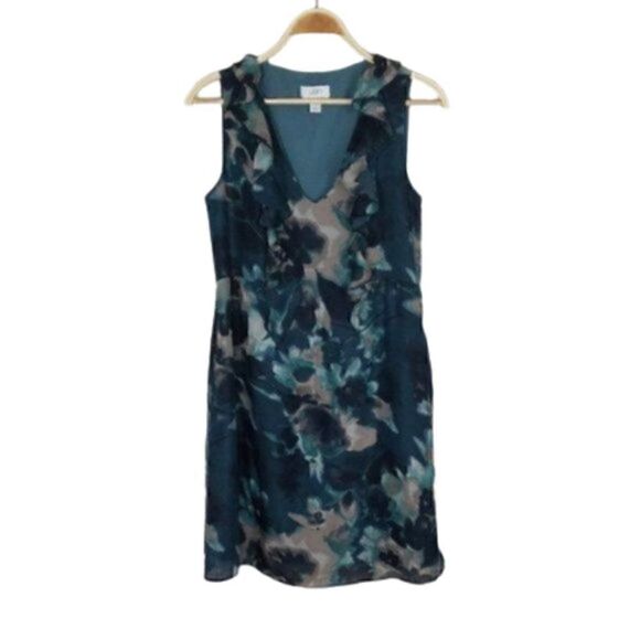 LOFT Teal Ruffled Sleeveless Printed Shift Dress - Picture 1 of 5